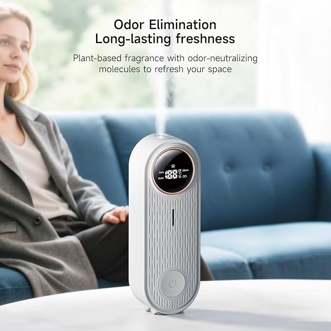 Bluetooth Essential Oil Air Freshener Diffuser with App Control - Waterless Aromatherapy Diffuser for Home, Office, Bathroom | 6 Essential Oils Included, Temperature Display