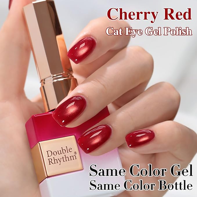 Double Rhythm 0.5 OZ Cat Eye Gel Polish with Magnet 15ML Holographic Glitter Shimmer Translucent Jelly Color Magnetic Nail Polish Salon DIY at Home (Dreamy Cherry Red-MC1274)