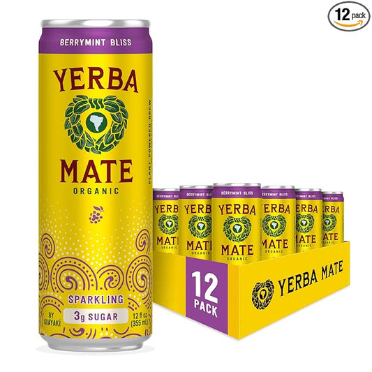 Yerba Madre Organic Sparkling Yerba Mate, Berrymint Bliss, Low Sugar, 80mg Natural Caffeine, Smooth Energy & Focus, Carbonated, 12 Oz (Pack of 12) (Packaging May Vary)