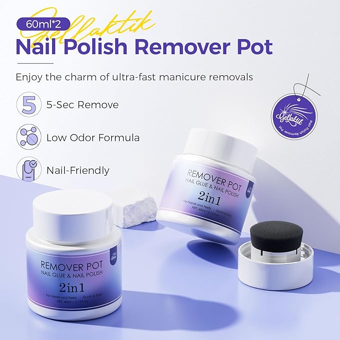 Nail Polish Remover Pot - 2 Pack Acetone-Free Sponge Soaker with Lid, 5-Second Fast Removal for Regular Nail Polish at Home, Salon & Travel
