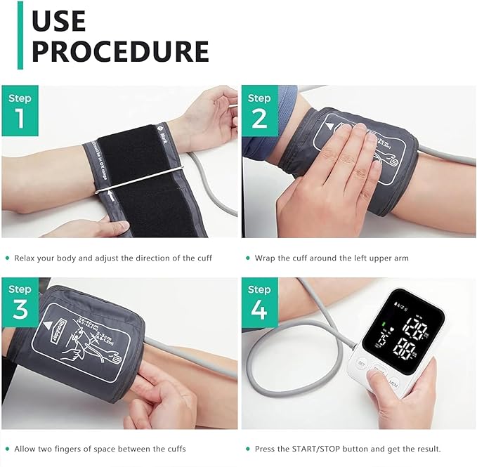 Blood Pressure Monitor Upper Arm Monitors for Home Use BP Machine with 2x120 Reading Memory Adjustable Arm Cuff 8.7"-15.7" Large Display with LED Background Light Storage Bag White