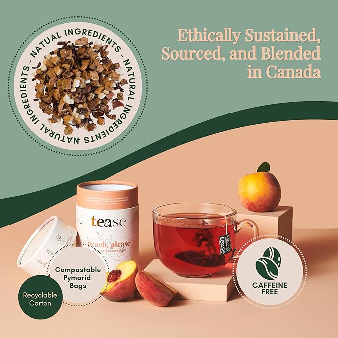 Tease Tea Peach Herbal Tea - Peach Please Caffeine Free Tea, Made with Organic Peaches, Hibiscus Flowers, and Rosehip, Hibiscus Tea Blend For Juicy Fresh Hydration And Glowing Skin