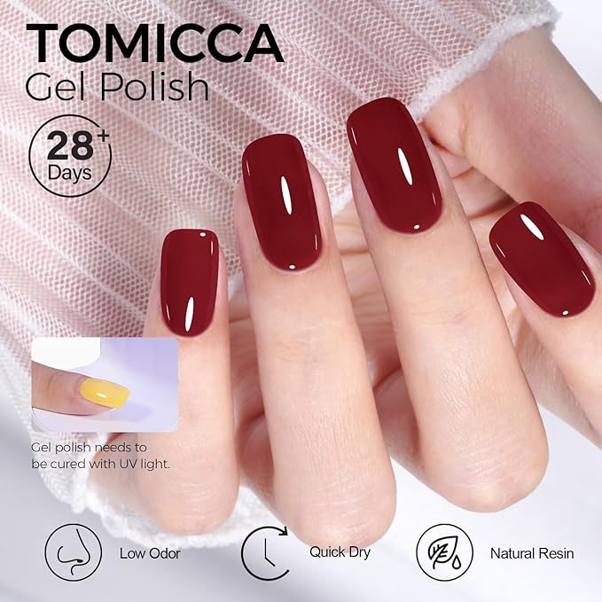 TOMICCA Sheer Gel Nail Polish, Jelly Red Nail Polish, Long Lasting Wine Red Gel Polish for Translucent Color Nail Art DIY Manicure Salon