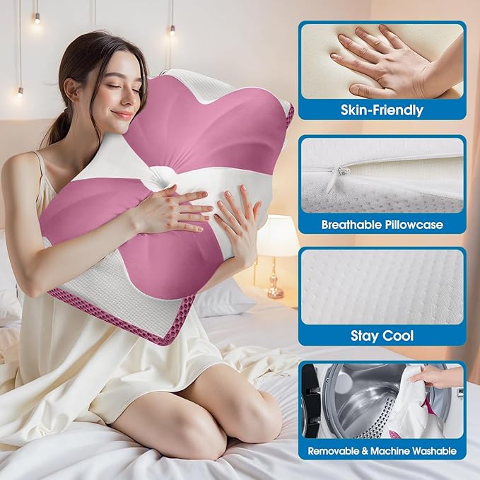 CloudBliss Cervical Memory Foam Pillow for Neck and Shoulder, Contour Neck Support Pillow with Cooling Case, Ergonomic Bed Pillow, Support for Side Back Stomach Sleepers (Pink, King Size)