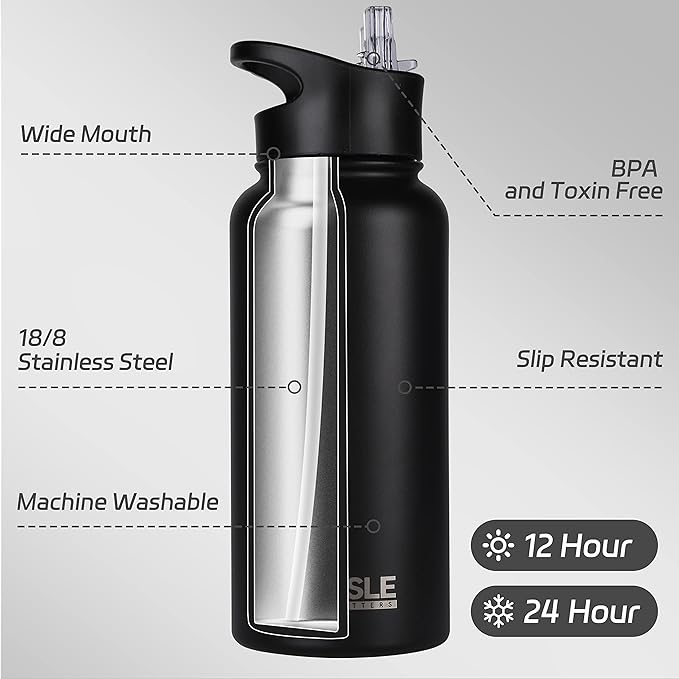 HASLE OUTFITTERS 32 oz Insulated Water Bottle Stainless Steel Double Walled Vacuum Sports Water Bottle with 2 Lids (Straw and Spout Lid) for Gym Camping Hiking(Black,4)
