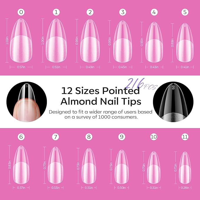 modelones Pointed Almond Nail Tips, Medium Pre-shaped Soft Gel Tips Fake Nails False Acrylic Clear Full Cover Press on Extension Gel Kit Manicure DIY at Home 216PCS 12Sizes