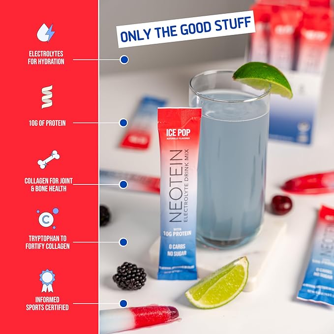 NEOTEIN: Electrolyte Powder Packets with 10g Protein & Collagen | Hydration Packets - Zero Sugar, NO Fillers, NO Carbs | Ice Pop | 40 Calories | Keto & Paleo | Pack of 15