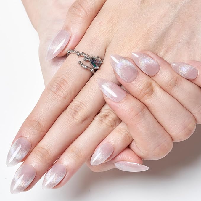 GLAMERMAID Nude Pink Cat Eyes French Tip Press on Nails Short Almond, Rainbow Magnet Handmade Gel Fake Nail Kit, Ombre Glitter Magnetic Glue on Nail Stiletto, Medium Oval Stick on False Nail for Women