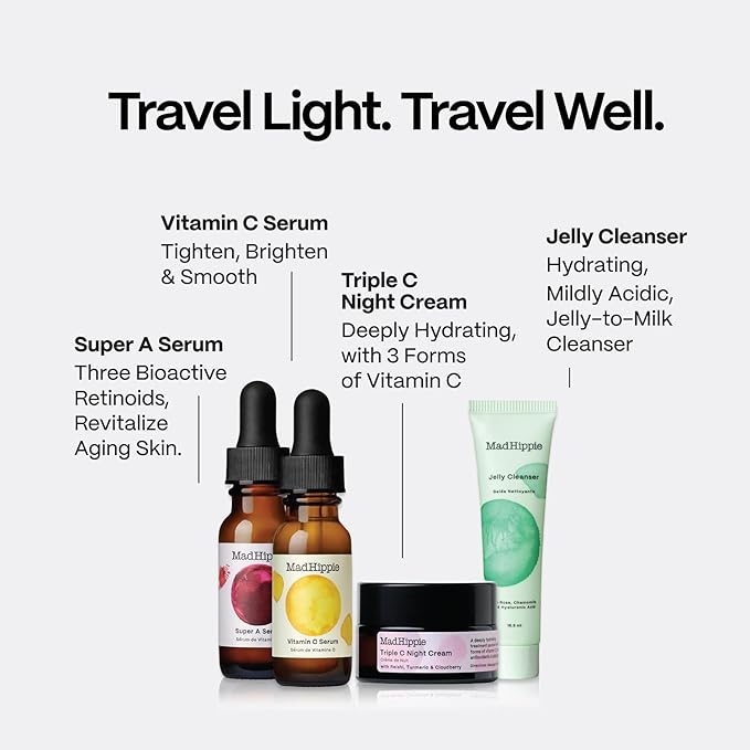 Mad Hippie Travel Essentials – Vitamin C Serum, Triple C Night Cream, Super A Serum + Jelly Cleanser in a 100% Recycled Toiletries Bag, Cruelty-Free