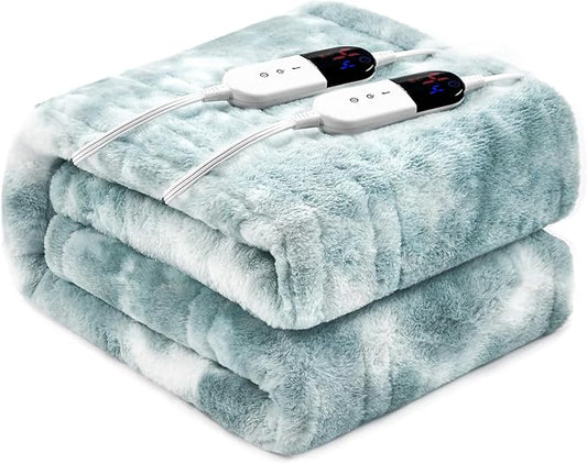 Electric Heated Blanket 84"x90",Luxury Freshwater Blue Faux Fur Electric Queen Blanket,Fast Heating Soft Fluffy Thick Electric Blanket with 6 Heating Levels & 12H Auto Off