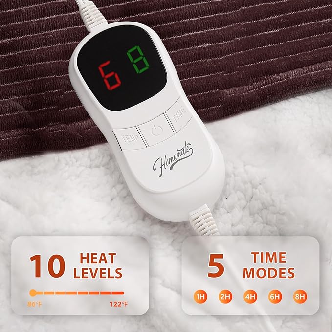 Homemate Electric Heated Blanket Twin Size - 62"x84" Heating Blanket Twin Size 1/2/4/6/8 Hours Auto-Off 10 Heat Level Over-Heat Protection Soft Flannel Sherpa ETL Certification