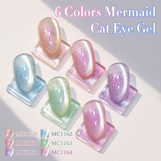 Double Rhythm 6 Colors Cat Eye Gel Polish Set Shimmer Glitter with Magnet Holographic Reflective Magnetic UV Nail Art Kit (6-Kit-48)