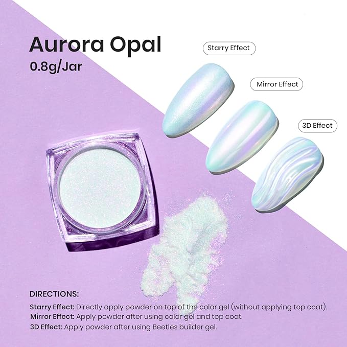 Beetles Chrome Nail Powder Mirror Effect Glazed Aurora Opal Chrome Powder for Gel Nails Unicorn Chrome Powder Manicure DIY Nail Art Decoration 0.03oz/0.8g