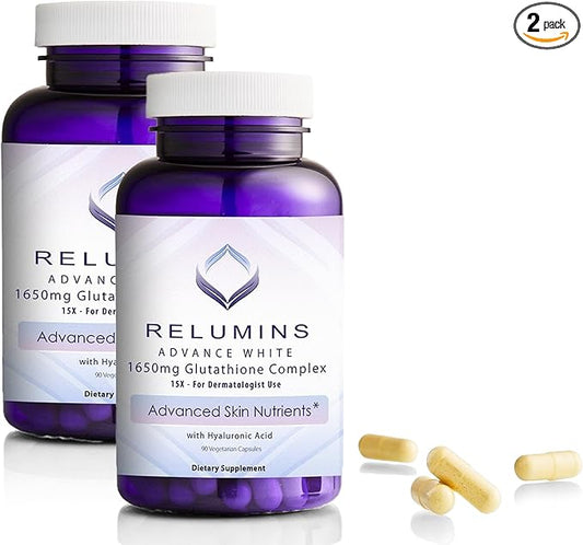 Relumins 1650mg L-Glutathione Complex with Hyaluronic Acid, Alpha Lipoic Acid, Rose HIPS, Vitamin E & Riboflavin, Antioxidant Support, Skin Hydration & Wellness, Made in USA – 90 Capsules x 2 Bottles