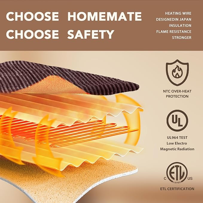 Homemate Electric Heated Blanket Queen Size - 84"x90" Heating Blanket Queen Size Dual Control 1/2/4/6/8 Hours Auto-Off 10 Heat Level Over-Heat Protection Soft Flannel Sherpa ETL Certification