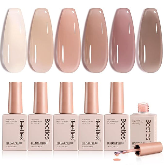 Beetles Jelly Gel Nail Polish Set - 6 Colors Nude Brown Jelly Neutral Gel Polish Kit Sheer Transparent Effect Soak Off UV DIY French Nail Art Manicure Gifts for Women