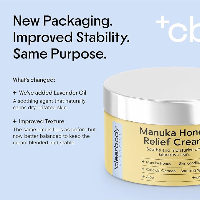 Clearbody Organics Manuka Honey Cream - 2 fl oz, Pack of 1 - Soothing Eczema Cream - Deep Hydration with Colloidal Oatmeal - Instant Manuka Relief for Dry, Itchy Skin