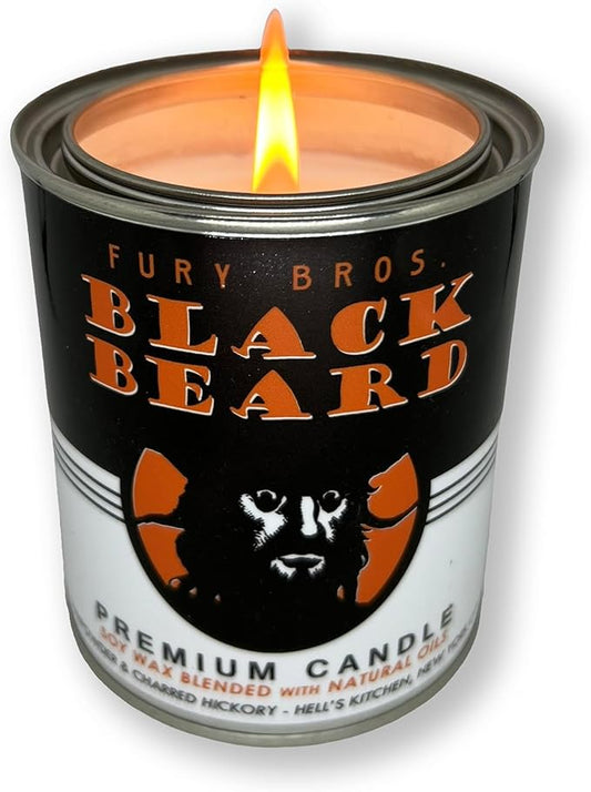 Fury Bros. Scented Candles for Men | Black Beard | Gunpowder & Charred Hickory | Natural Soy Wax | Hand-Poured in the USA | Long 70-80 Hour Burn (12.5 oz) | Vintage-inspired Tin Design | Dad Home Gift