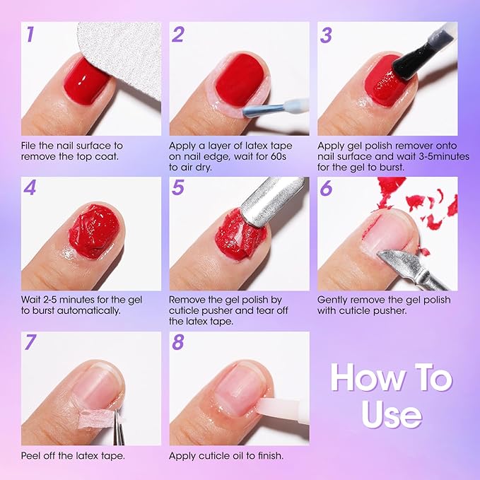 Gellen Gel Polish Remover Kit for Nails, Gel Nail Polish Remover 3-5 Minutes Removal, Pink Liquid Latex Tape Easy to Peel Off, with Manicure Tools