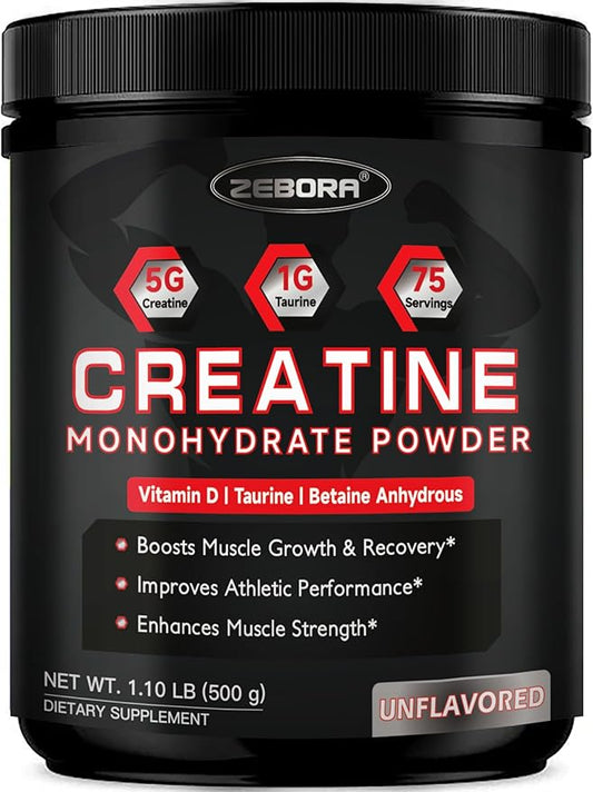 ZEBORA Micronized Creatine Monohydrate Powder, Creatine Monohydrate for Women-Men, Helps Muscle Recovery, Enhances Muscle Size & Strength with 5G Creatine and 1G Taurine