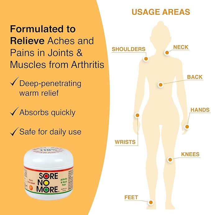 Sore No More Warm Arthritis Pain Relief Cream – Targeted Reliever for Back, Neck, Hands & Feet – Soothing & Fast-Acting Formula for Aches and Pains – Non-Greasy with Orange Aroma – 4 oz