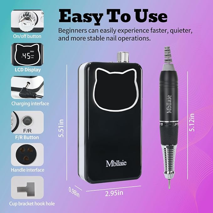 Professional Nail Drill File 45000RPM Electric Portable Nails Drills Kit with Rechargeable 7 uñas Bits Cordless Efile for Poly Gel Acrylic Nails Remover Home Salon Pedicure Manicure Tool (Black)