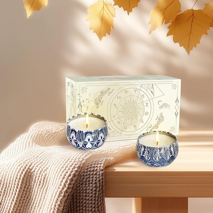 2 Pack 2.2-Ounce Scented Jar Candles - Blue&White Pordcelain Style - Perfect for Church, Family, Wedding, Party- Vibrant Colorful Iron Can Jars Candles(Lemon &Bergamot Fragrance)