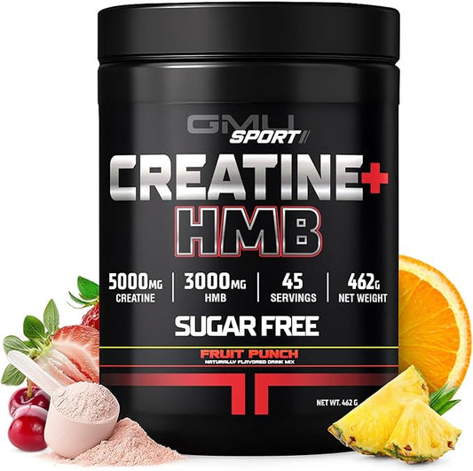 GMU SPORT - Creatine Monohydrate with HMB Powder - 45 Servings, Creatine HMB Supplements, Creatine with HMB for Increased Strength, Muscle Growth & Enhanced Energy, 3G HMB/Fruit Punch