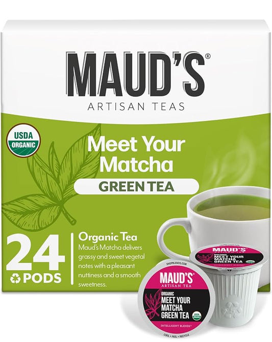 Maud's Organic Matcha Green Tea Pods, 24 ct, Recyclable Single Serve Tea Pods – 100% Gourmet Blended Tea Leaves, Compatible with Keurig K Cups Maker
