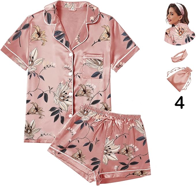 4Pcs Womens Satin Silky Pajama Sets Short Sleeve Shirt XS-4XL Floral Pajamas Set Soft PJ Loungewear Sleepwear