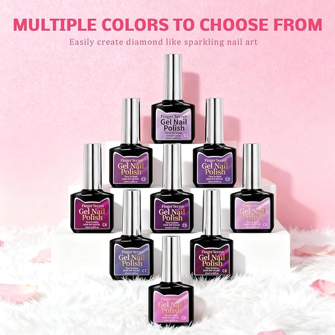 Gel Nail Polish Set, Cat Eye Gel Polish Kit, Holographic Reflective Magnetic Shimmer Glitter Dark Light Purple Gel, Manicure Salon DIY Gifts, Soak Off, UV/LED Cured (9 Colors C)