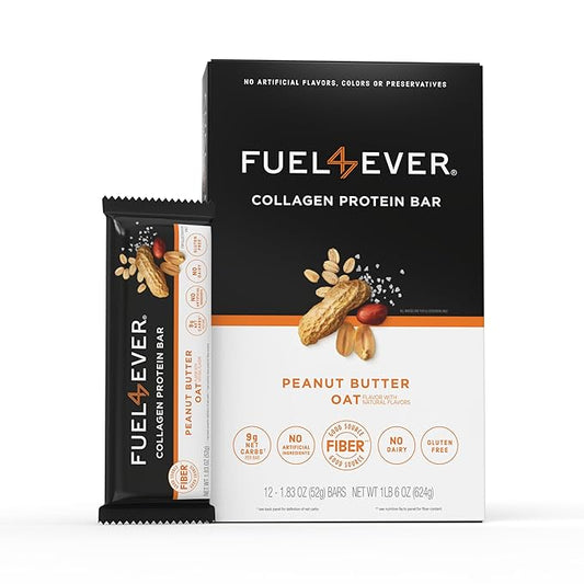 Fuel 4 Ever Peanut Butter Oatmeal Collagen Protein Bars, 14g Protein, MCT Oil, No Artificial Ingredients, Low Carb, High Fiber Snack Bar