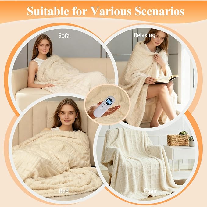 Heated Blanket Electric Throw, 50"X60" Heating Blanket with 12 Heat Levels, Fast Heating Blanket with 1-12 Timer Settings, Overheat Protection with ETL & FCC for Bed Home Office Sofa (Milky White)