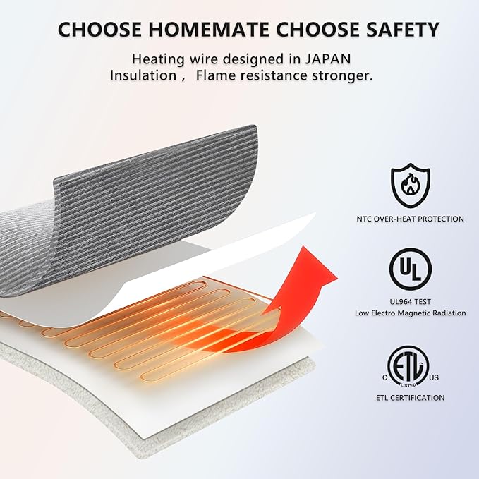 Homemate Electric Heated Blanket Twin Size - 62"x84" Heating Blanket Twin Size 1/2/4/6/8 Hours Auto-Off 10 Heat Level Over-Heat Protection Soft Flannel Sherpa ETL Certification