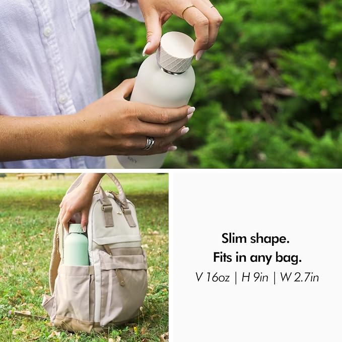 KIVY Stainless Steel Insulated Water Bottle 16oz | Leak Proof BPA-Free Metal Water Bottle - Slim water bottle no straw - Blue water bottle screw top