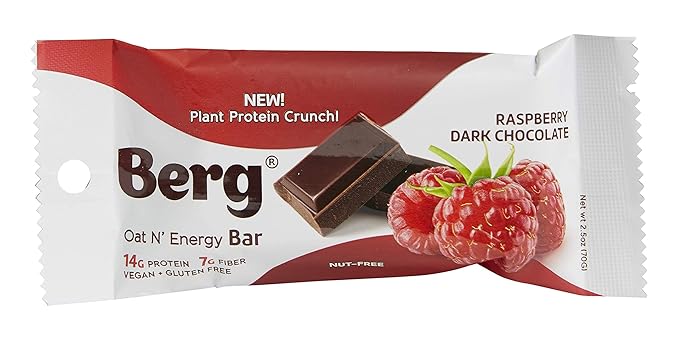 Berg Oat N' Energy Bar | Raspberry Dark Chocolate | Plant Based Protein Bar | Non-GMO, Gluten Free, Nut Free and Vegan | Low Sugar, Healthy Snack Bar | High Fiber | On The Go | 2.5oz (8 Packs)