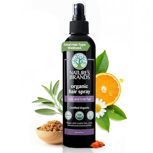 Hair Spray 8 Oz Bottle – USDA Organic Certified, Paraben-Free, Cruelty-Free and Vegan - With Natural Botanical Extracts - For All Hair Types by Nature's Brands is Made In USA.