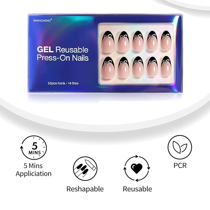 Black French Tip Press on Nails Short with 3D Bow Design - Soft Gel Almond Fake Nails for Women Gift, Natural Stick on Nails with Glue in 16 Sizes - 32 Reusable Nails, Silver Ribbon