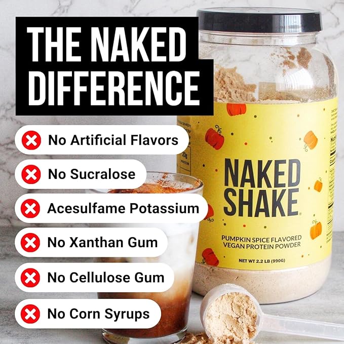 Naked Shake - Pumpkin Spice Protein Shake - Flavored Plant Based Protein with MCT Oil - Gluten-Free, Soy-Free, No GMO Or Artificial Sweeteners - 30 Servings