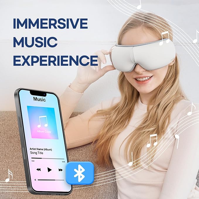 HubiCare Eye Massager with Heat, Vibration, and Music Helps Relieve Strain, Dark Circles, Dryness, and for Migraine Relief Relaxation and Better Sleep Gifts for Women/Men (White)