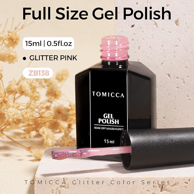 TOMICCA Nude Pink Glitter Gel Nail Polish, Soak Off UV Transparent Shimmer Clear Pink Nail Polish Gel Natural Color Nail Art DIY Manicure Salon
