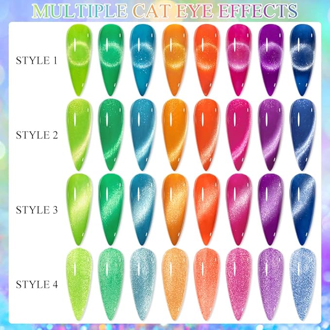 Neon Cat Eye Gel Polish Set Bright Yellow Green Pink Cateye Nail Polish Gel Magnetic Gel Polish Varnish Soak Off Lamp Gel for Nail Salon or DIY at Home 8 Colors 7ML(0.24FL OZ)