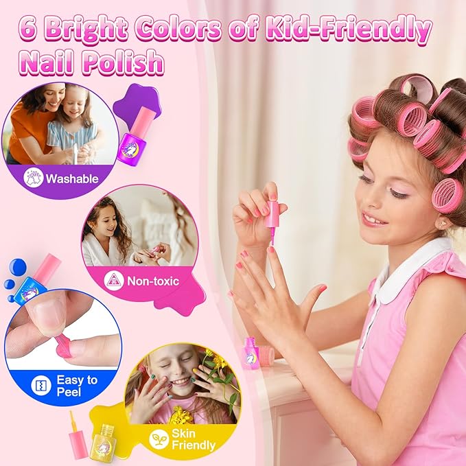 Kids Nail Polish Set for Girls, Nail Art Kit with Nail Dryer & DIY Nail Stickers, Nail Kit Toys for Girls with Non-Toxic Nail Polish, Age 3-12 Little Girl Gift Toys- Pink