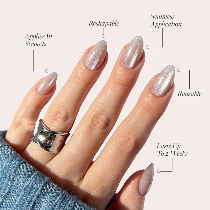 Glamnetic Press On Nails - Selenite | Soft White Sparkle Short Almond Fake Nails with a Glossy Finish, Salon Quality | 15 Sizes - 30 Nail Kit with Glue
