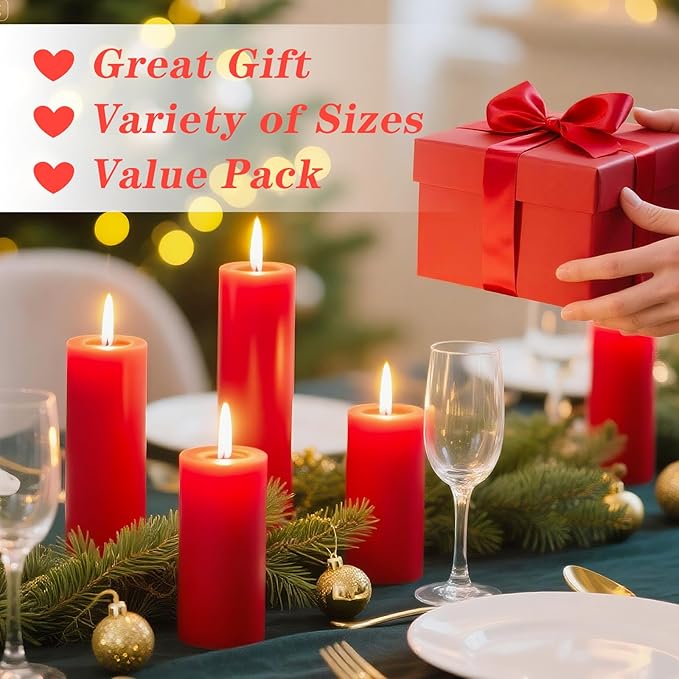 18 Pcs Red Pillar Candles Bulk Set，Hurricane Candles，3 Different Lengths (6 Each)，Dripless Unscented Smokeless，Gives You a Better Atmosphere When Organizing Wedding or Event Party.