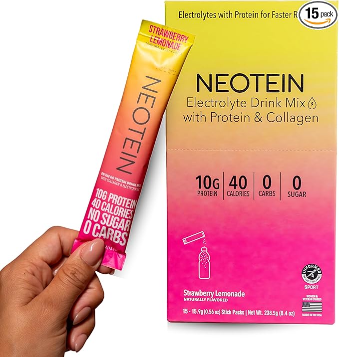 NEOTEIN: Electrolyte Powder Packets, Protein Powder with 10g Protein & Collagen | Hydration Packets - Zero Sugar, NO Fillers, NO Carbs | Strawberry Lemonade | 40 Calories | Keto & Paleo | Pack of 15