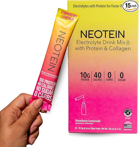 NEOTEIN: Electrolyte Powder Packets, Protein Powder with 10g Protein & Collagen | Hydration Packets - Zero Sugar, NO Fillers, NO Carbs | Strawberry Lemonade | 40 Calories | Keto & Paleo | Pack of 15
