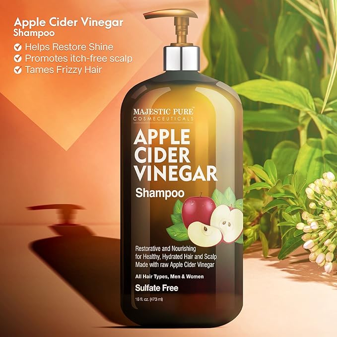 Majestic Pure Apple Cider Vinegar Shampoo - Restores Shine & Reduces Itchy Scalp, Dandruff & Frizz - Sulfate Free, for All Hair Types, Men and Women - 16 fl oz