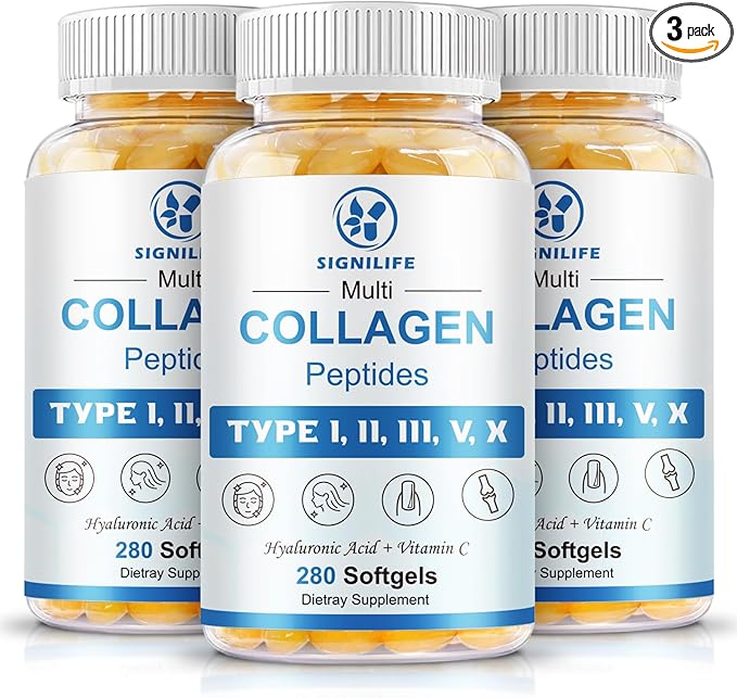 Multi Collagen Peptides for Women & Men, Hydrolyzed Collagen Peptides-Type I, II, III, V, X - with Hyaluronic Acid,Vitamin C,Biotin,Supports Skin Hair Nail, Non-GMO,840 Softgels
