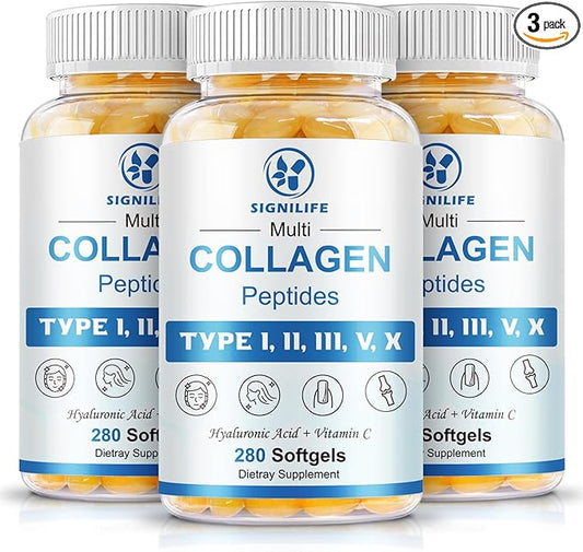 Multi Collagen Peptides for Women & Men, Hydrolyzed Collagen Peptides-Type I, II, III, V, X - with Hyaluronic Acid,Vitamin C,Biotin,Supports Skin Hair Nail, Non-GMO,840 Softgels
